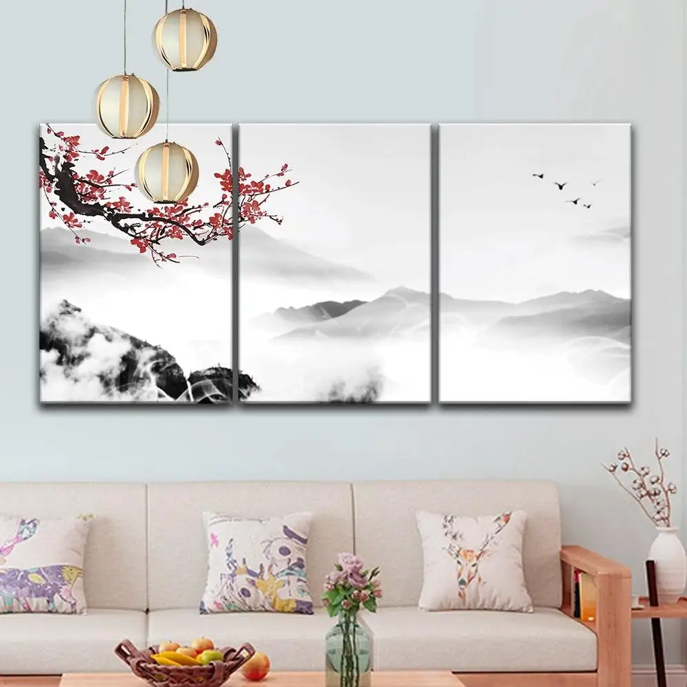 3 панели в китайском стиле, картины со сливовым пейзажем, домашний декор, плакаты, настенное искусство, холст, современные картины, украшение гостиной, спальни
