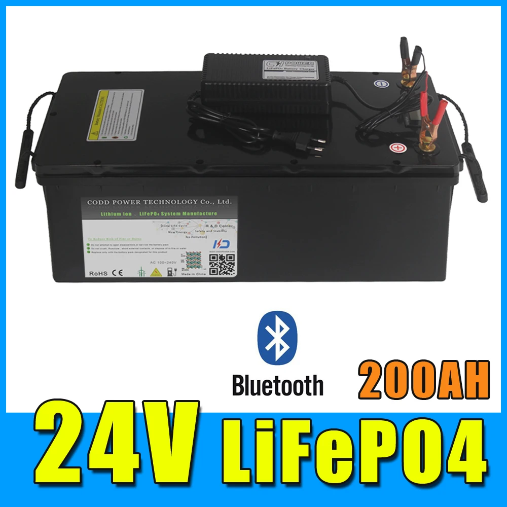 Аккумулятор LiFePO4 24 В с Bluetooth BMS LCD на солнечной батарее, лодка для хранения на колесах, мотор для яхты