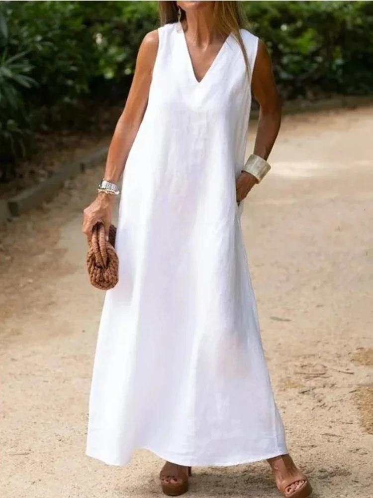 Новое модное женское платье 2023, Элегантное Платье без рукавов с V-образным вырезом, Белое хлопковое Льняное Шикарное повседневное платье Vestido для женщин