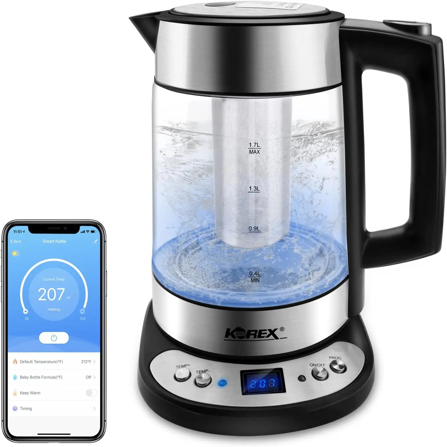 Управление чайником через приложение, стеклянный бойлер в комплекте, фильтр Подходит для Alexa Google Home Assistant, НЕ содержит BPA, Отлично подходит для кофе